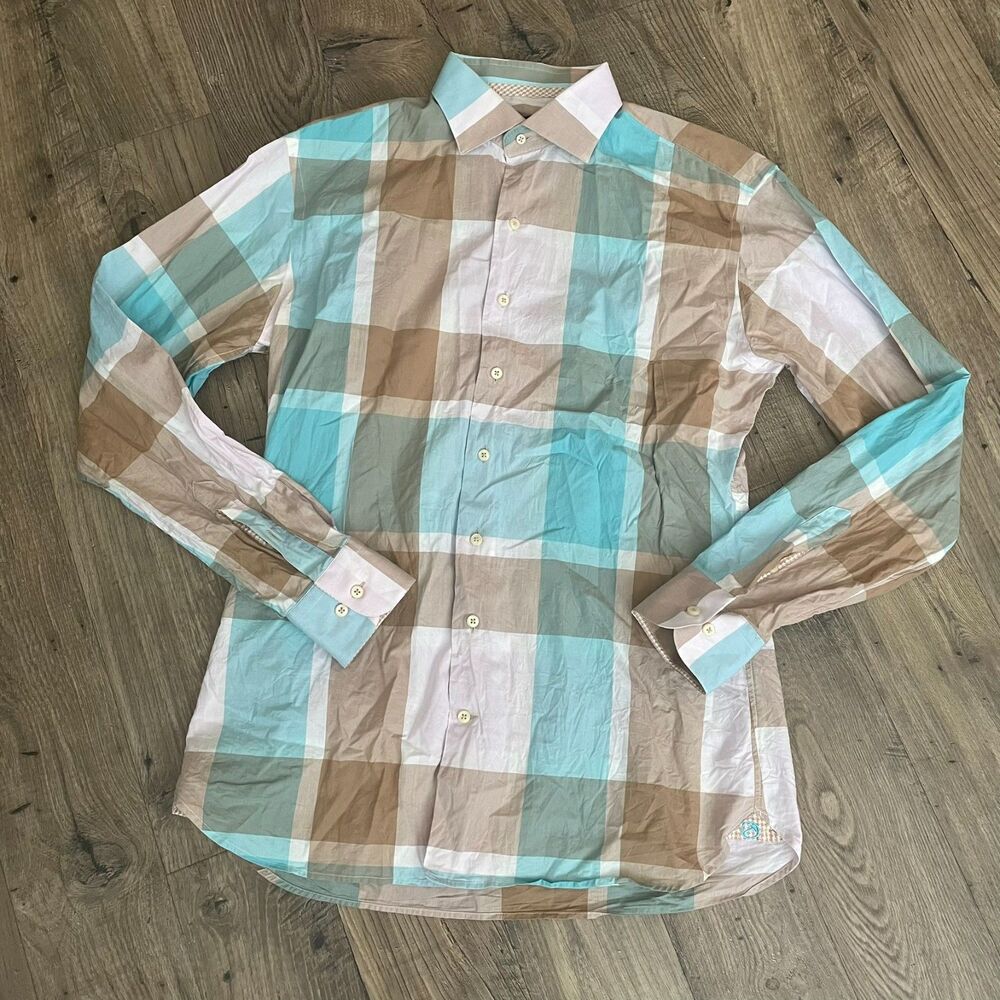 HAMMER MADE Blue & Tan Enlarged Plaid Printed Button Down Dress Shirt